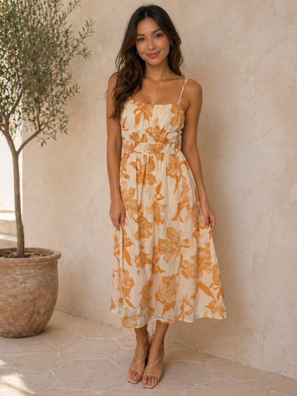 SIM & SAM 100% Cotton Floral Midi Dress NWT Small Orange White Ruched Sz S